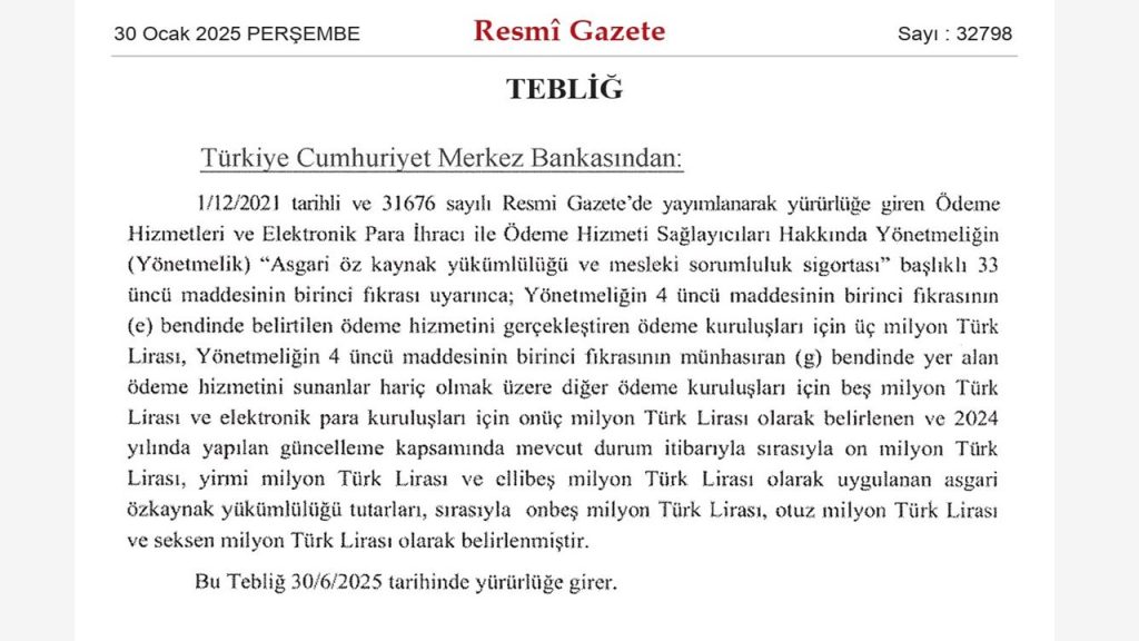 Ödeme Hizmetleri ve Elektronik Para Kuruluşları İçin Asgari Özkaynak Yükümlülüğünde Güncelleme