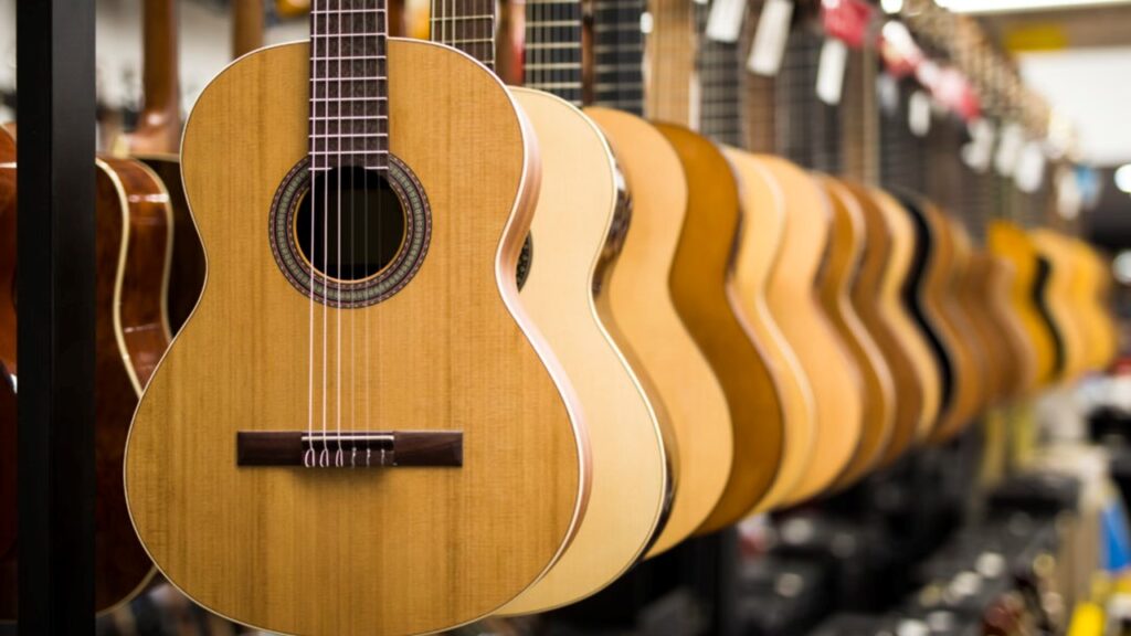 A musical instrument, usually made of wood, with six strings and a long neck