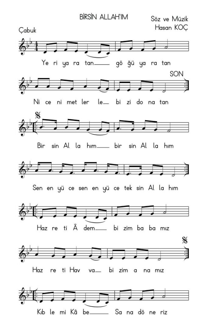 Birsin Allah'ım Notaları