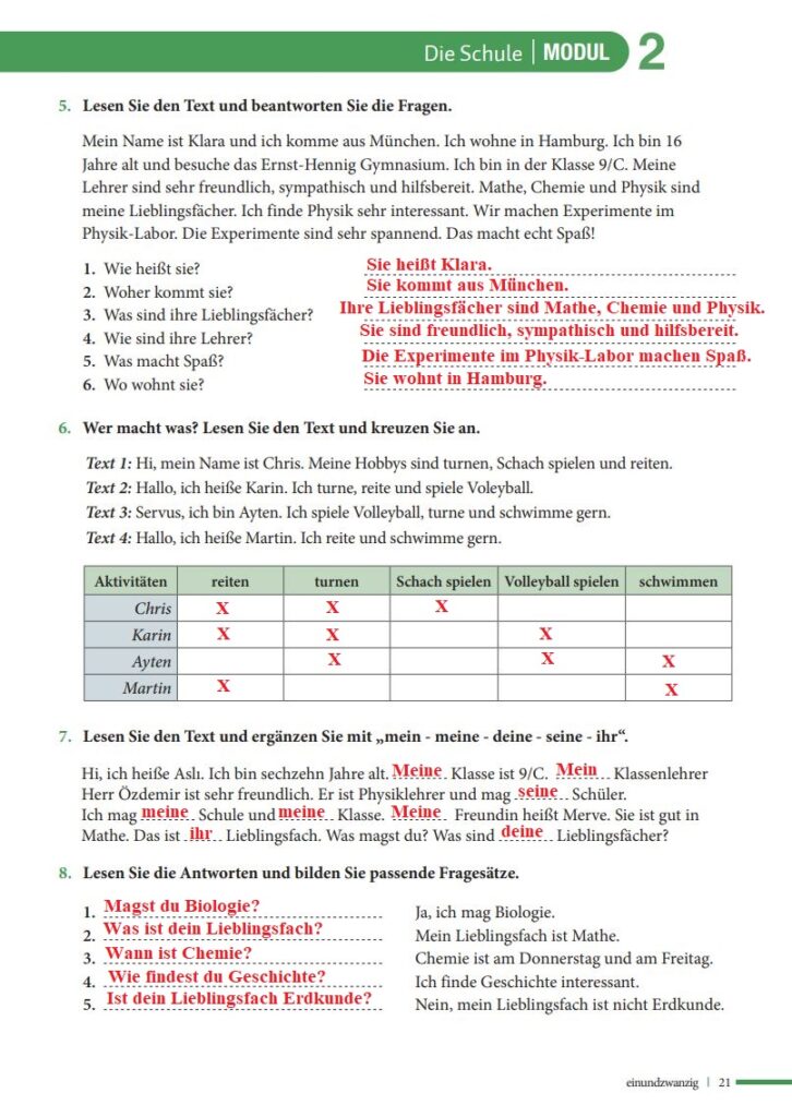 Almanca A1.1 Çalışma Kitabı Cevapları Meb Yayınları Sayfa 21