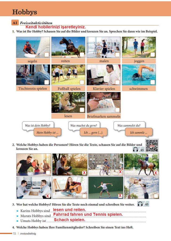 Almanca A1.1 Ders Kitabı Cevapları Meb Yayınları Sayfa 72