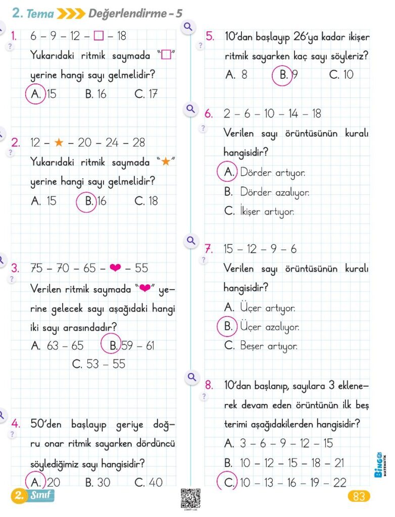 2. Sınıf Bingo Matematik Kitabı 1. Kitap Cevapları Berkay Yayıncılık Sayfa 83