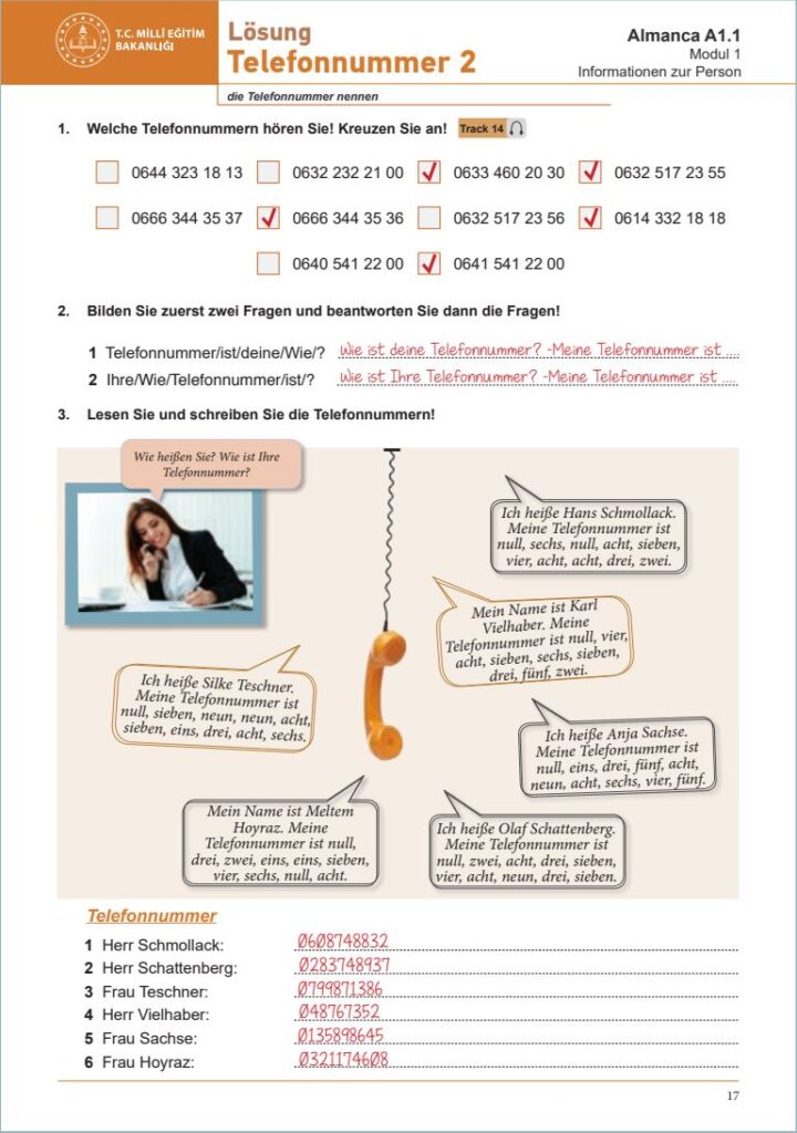 Almanca A1.1 Beceri Temelli Etkinlik Kitabı Cevapları Meb Yayınları Sayfa 17