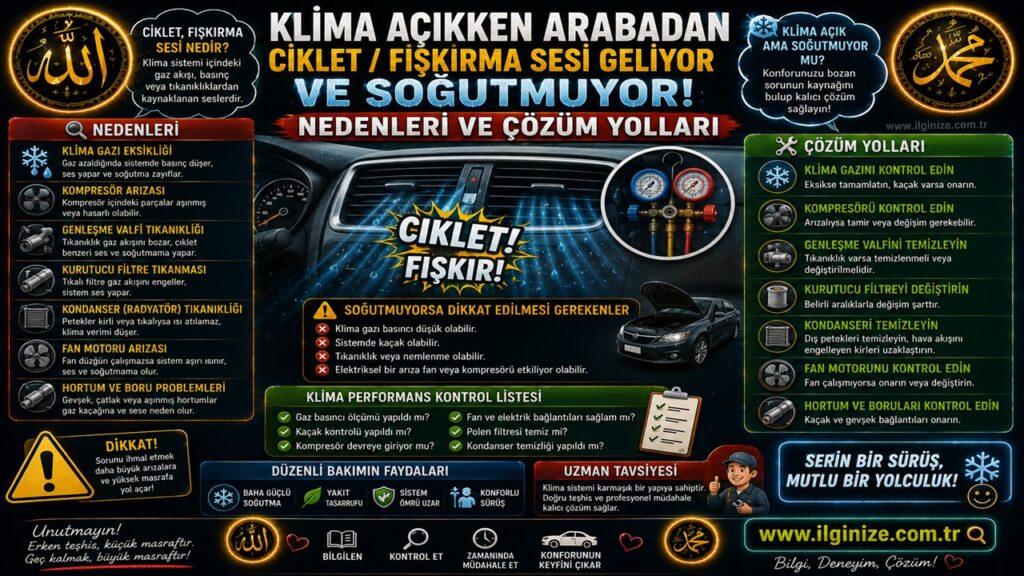 Klima Açıkken Arabadan Ciklet/Fışkırma Sesi Geliyor ve Soğutmuyor – Nedenleri ve Çözüm Yolları