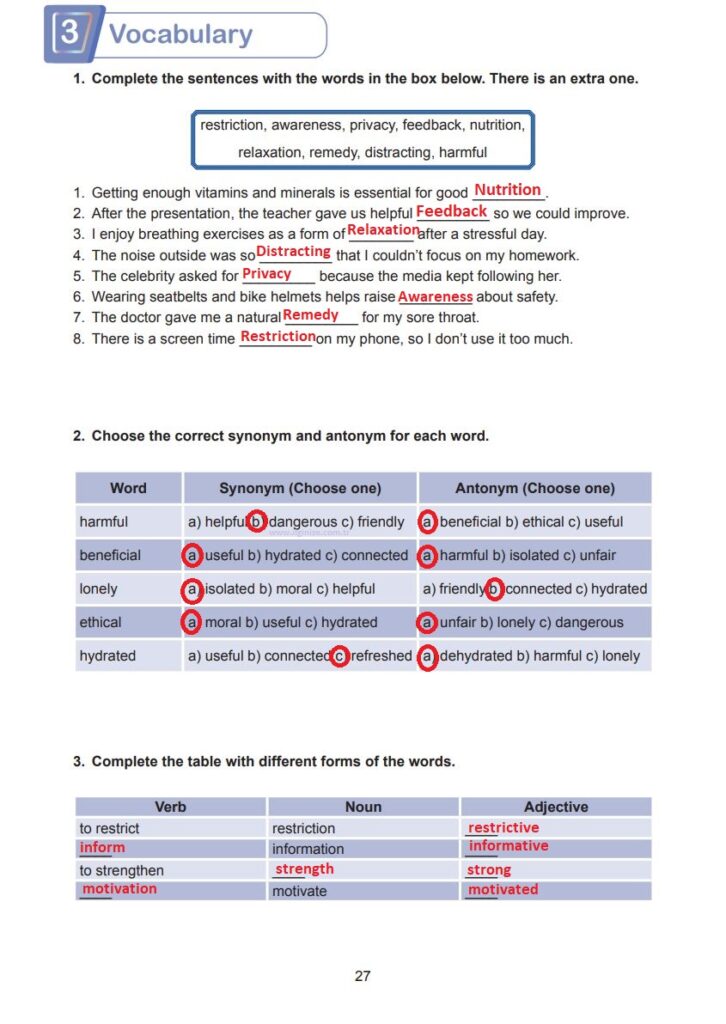 7. Sınıf İngilizce Çalışma Kitabı Cevapları MultiEnglish MEB Yayınları Sayfa 27