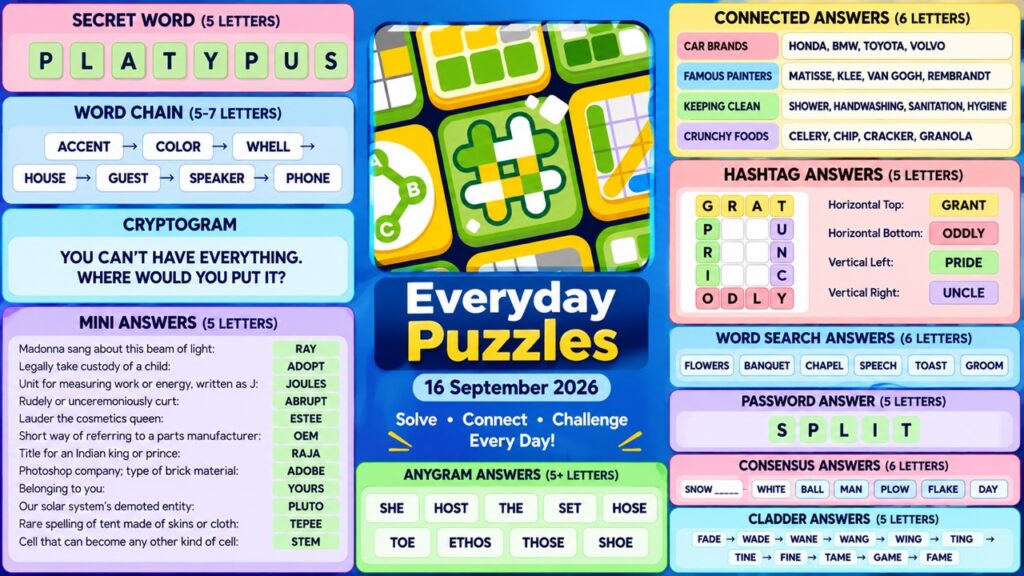 Everyday Puzzles Answers Today – 16 September 2026