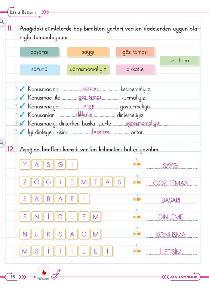 2. Sınıf Hayat Bilgisi Ders Kitabı Cevapları Ata Yayıncılık (Gıcır Gıcır) Sayfa 16