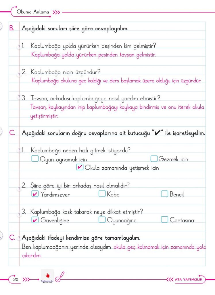 2. Sınıf Türkçe Ders Kitabı Cevapları Ata Yayıncılık (Gıcır Gıcır) Sayfa 20