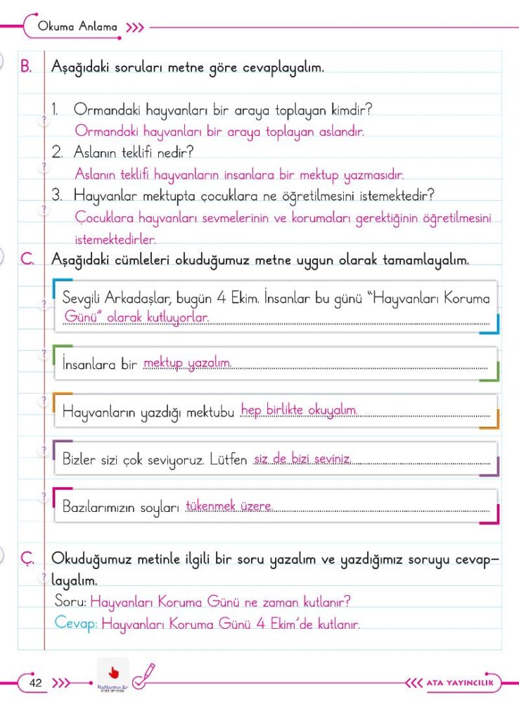 2. Sınıf Türkçe Ders Kitabı Cevapları Ata Yayıncılık (Gıcır Gıcır) Sayfa 42