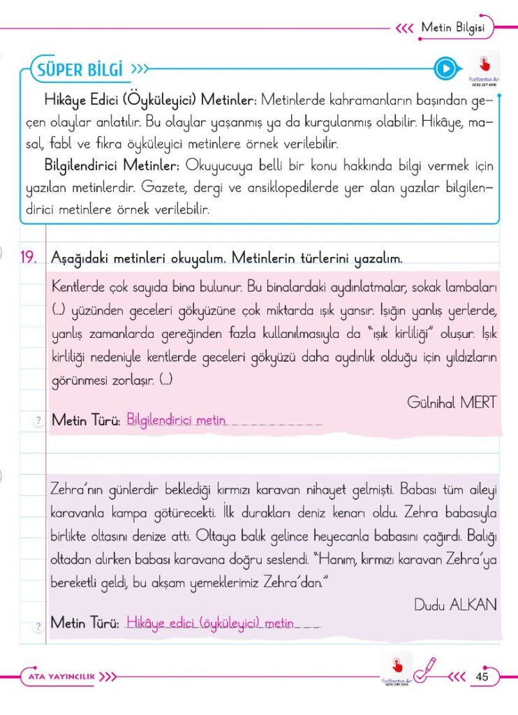 2. Sınıf Türkçe Ders Kitabı Cevapları Ata Yayıncılık (Gıcır Gıcır) Sayfa 45