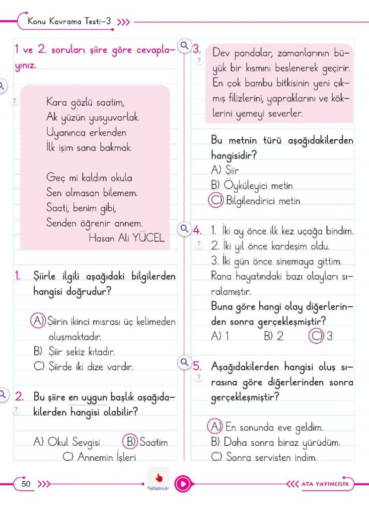 2. Sınıf Türkçe Ders Kitabı Cevapları Ata Yayıncılık (Gıcır Gıcır) Sayfa 50