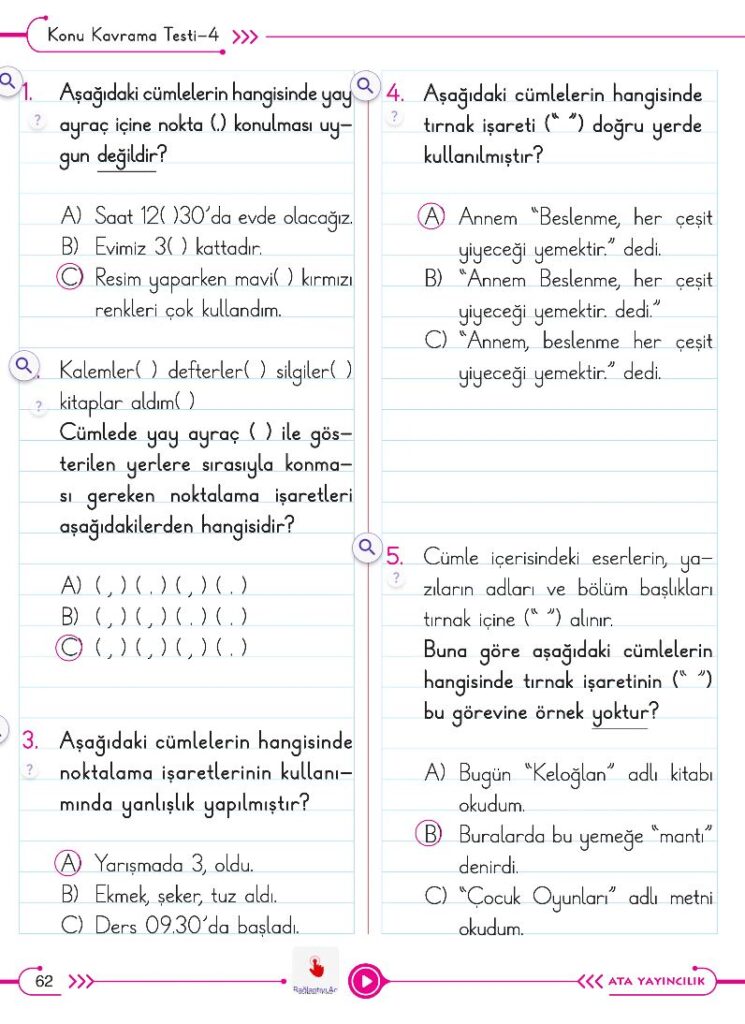 2. Sınıf Türkçe Ders Kitabı Cevapları Ata Yayıncılık (Gıcır Gıcır) Sayfa 62