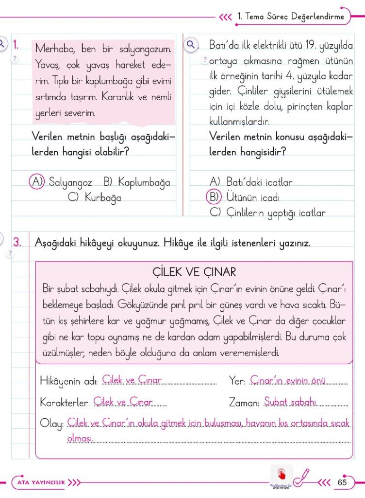 2. Sınıf Türkçe Ders Kitabı Cevapları Ata Yayıncılık (Gıcır Gıcır) Sayfa 65
